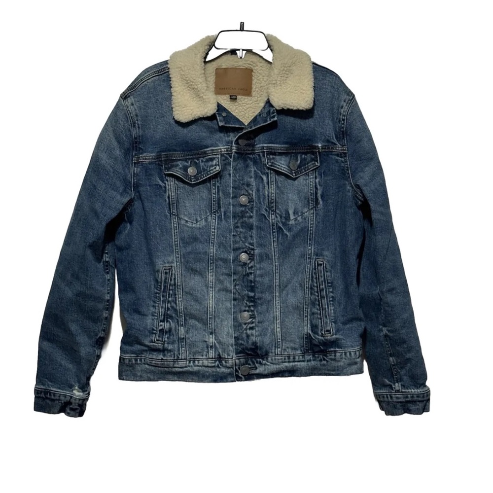 American Eagle Men L Sherpa Lined Jean Jacket Fleece Trucker Flex Denim AE Blue
